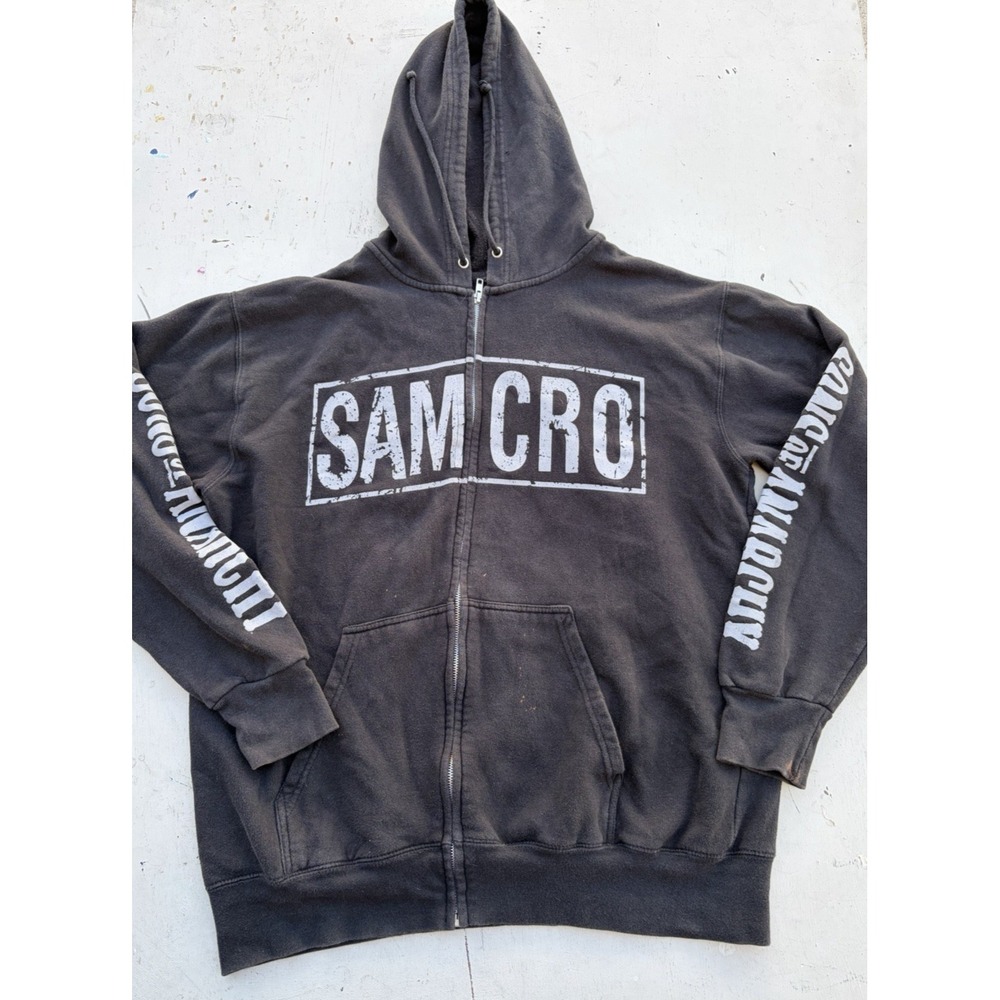 Men's SAMCRO Hoodie Black Spell-Out 2XL SOA Bikercore Zip Reaper Anarchy Redwood